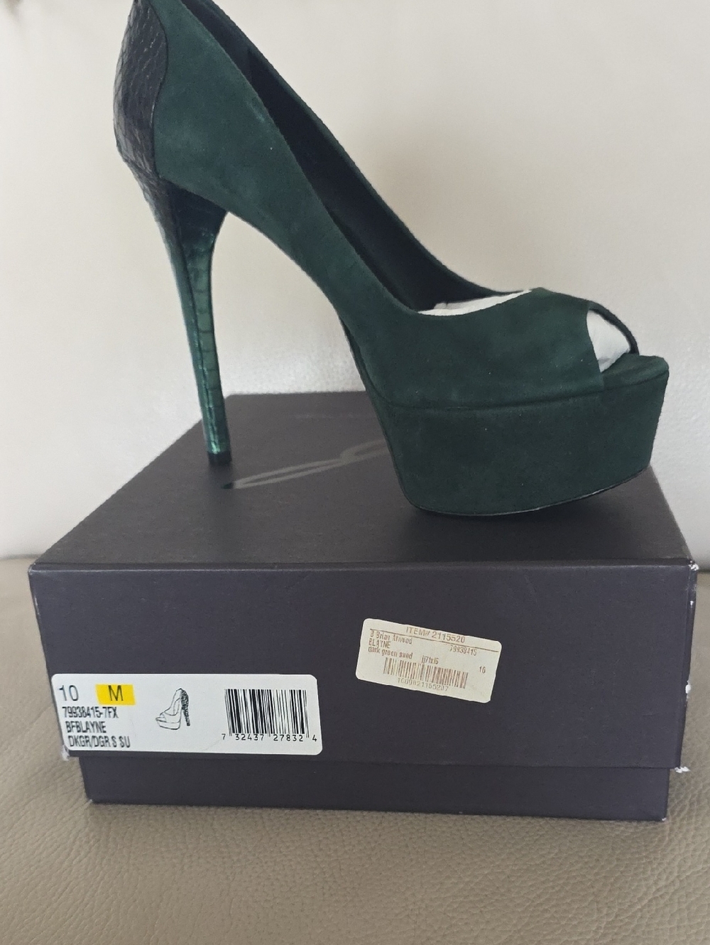 Brian Atwood Forest Green Suede Peep-Toe Platform Pump with Metallic Heel - Picture 3 of 5